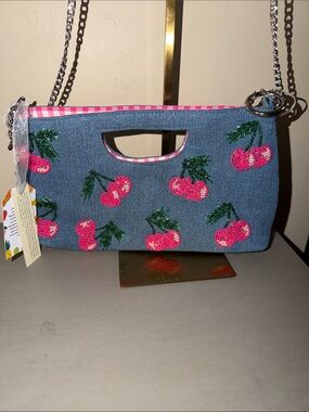 Hand Crafted Denim Clutch with Pink Cherry Embroidery